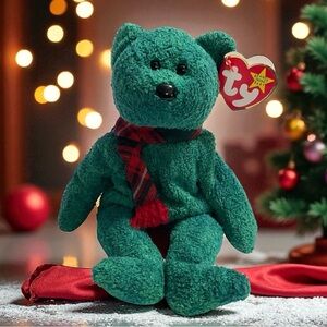 Rare Ty Beanie Baby “The Grinch” Inspired Green Christmas Bear with Red Scarf